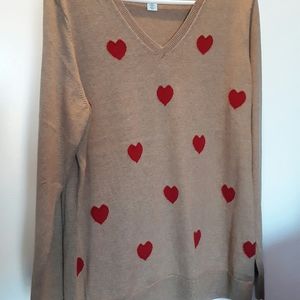 Tan V-neck Sweater with Red Hearts XL Valentine's